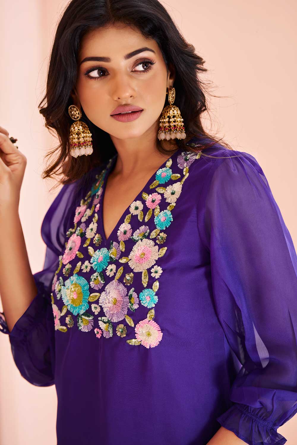 Purple Color Engaging Organza Fabric Kurti With Bottom