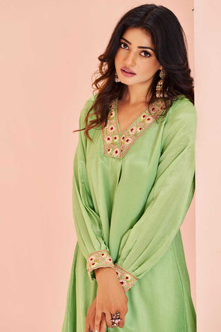 Excellent Chinon Fabric Sea Green Color Kurti With Bottom