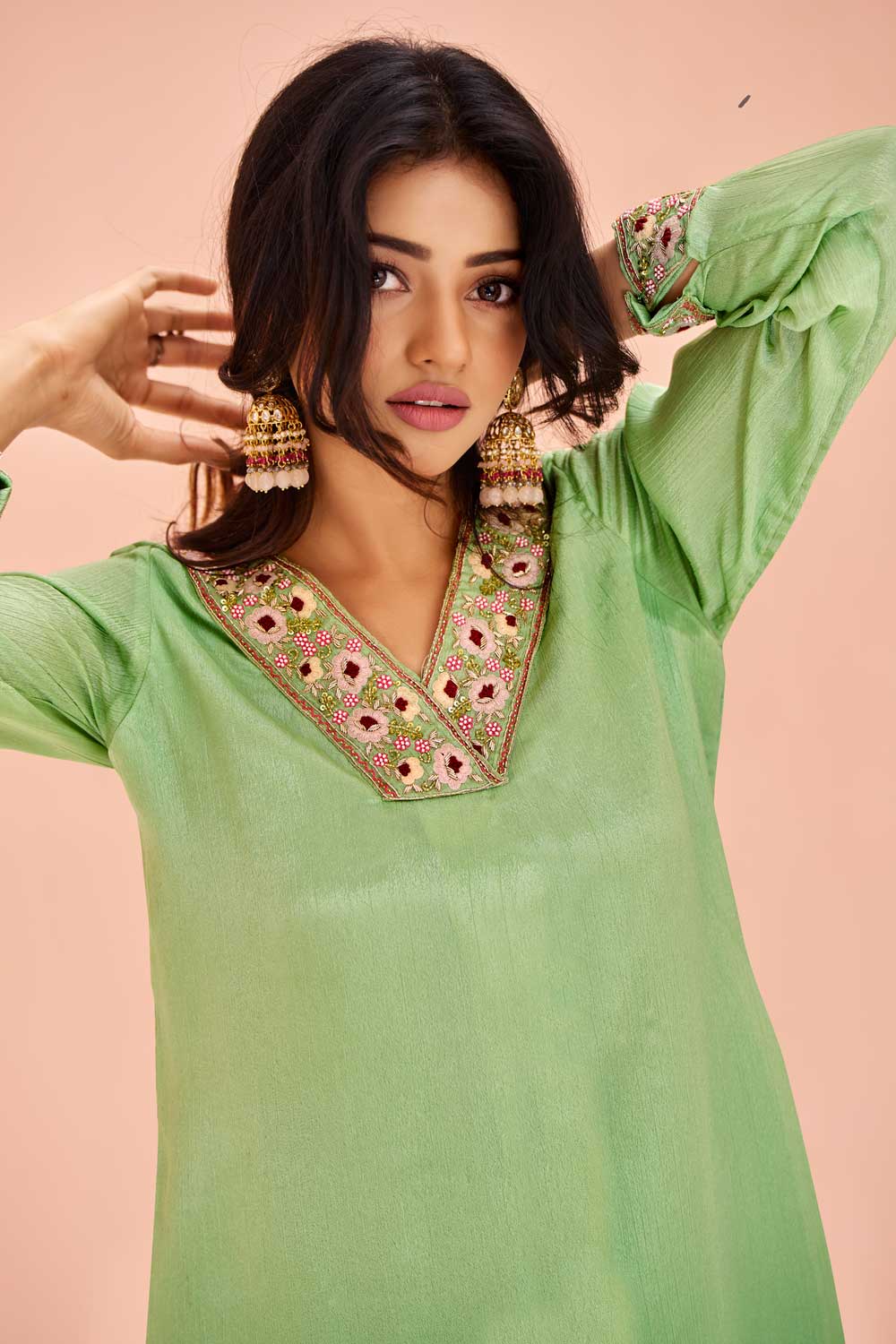 Excellent Chinon Fabric Sea Green Color Kurti With Bottom