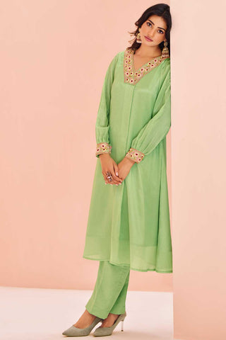 Excellent Chinon Fabric Sea Green Color Kurti With Bottom