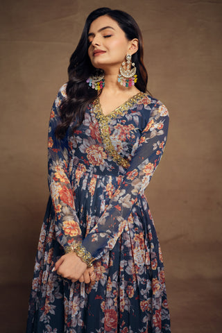 Navy Blue Color Printed Work On Chiffon Fabric Stunning Readymade Salwar Suit