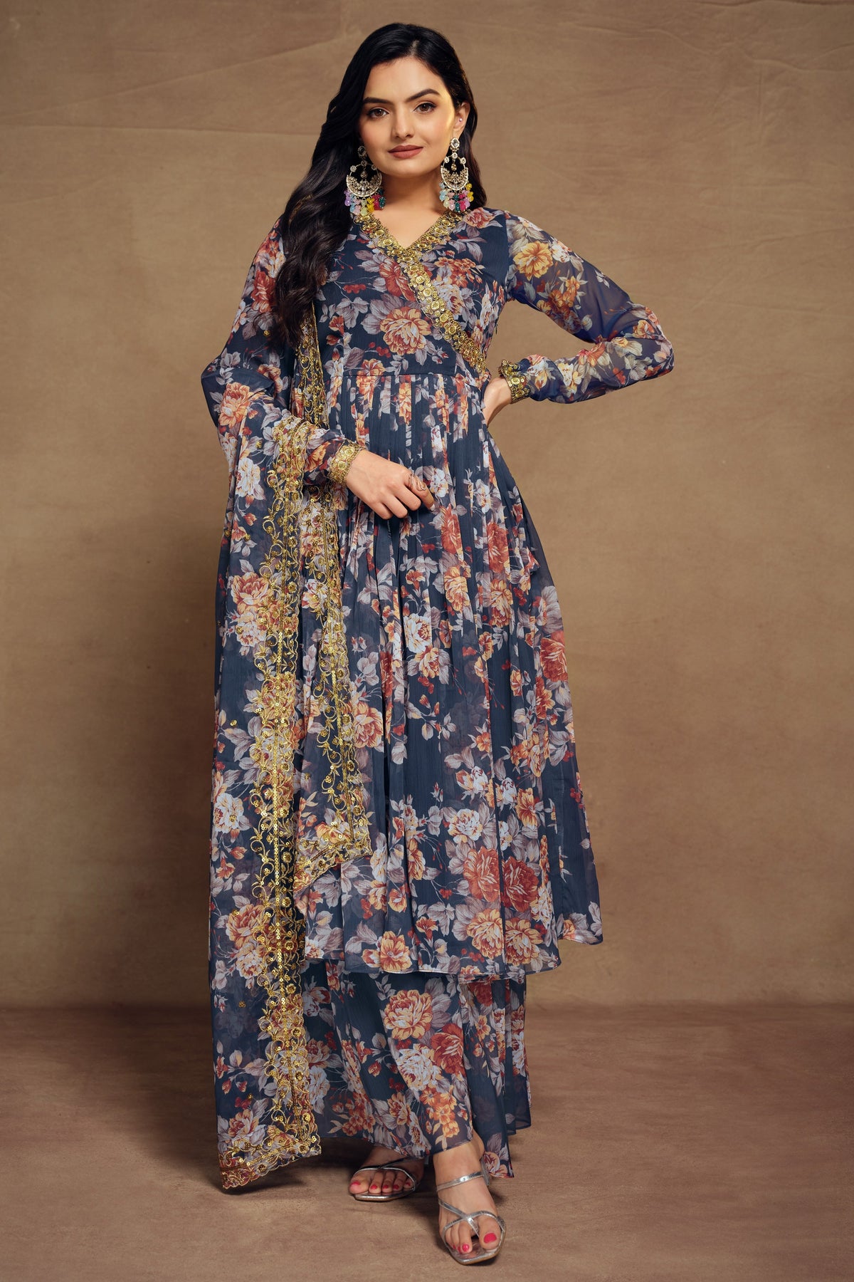 Navy Blue Color Printed Work On Chiffon Fabric Stunning Readymade Salwar Suit