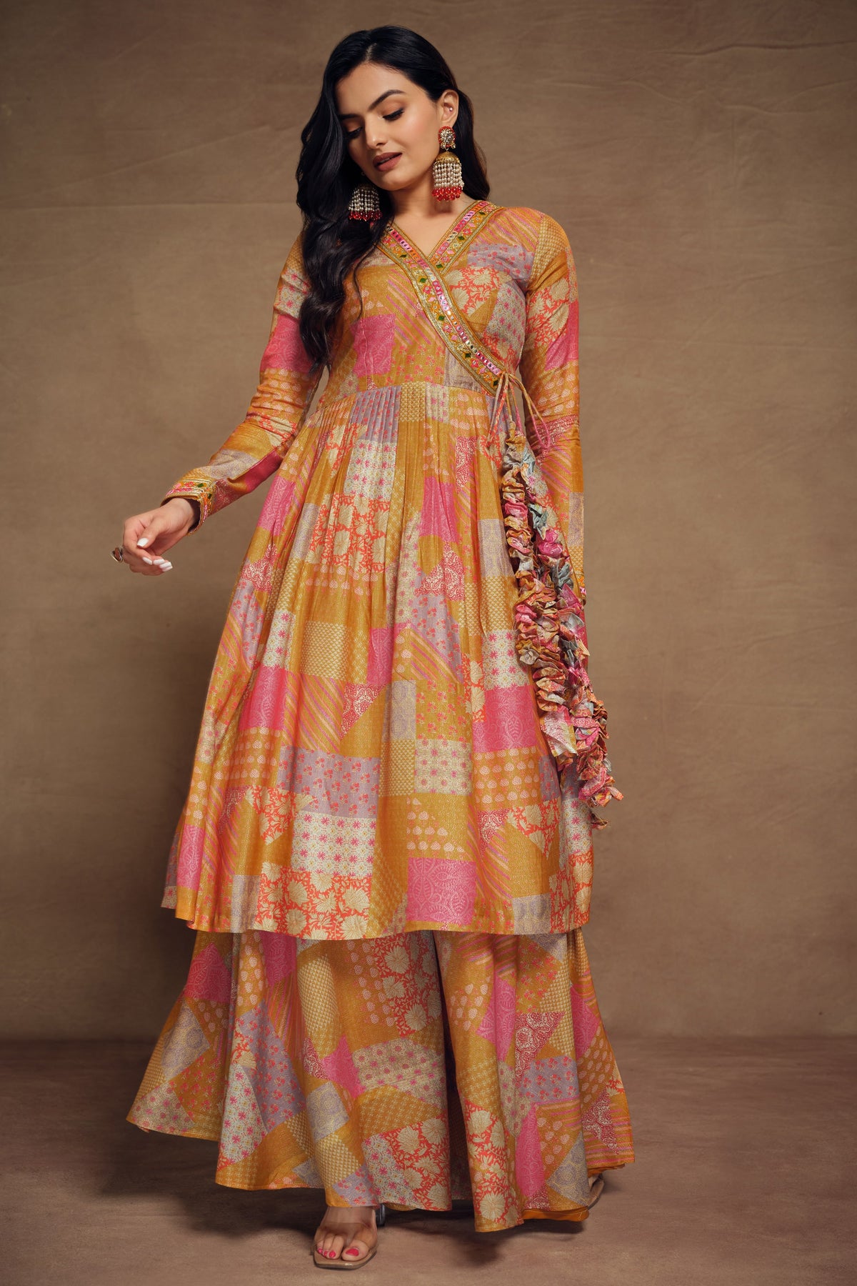 Tempting Muslin Fabric Mustard Color Readymade Salwar Suit With Printed Work