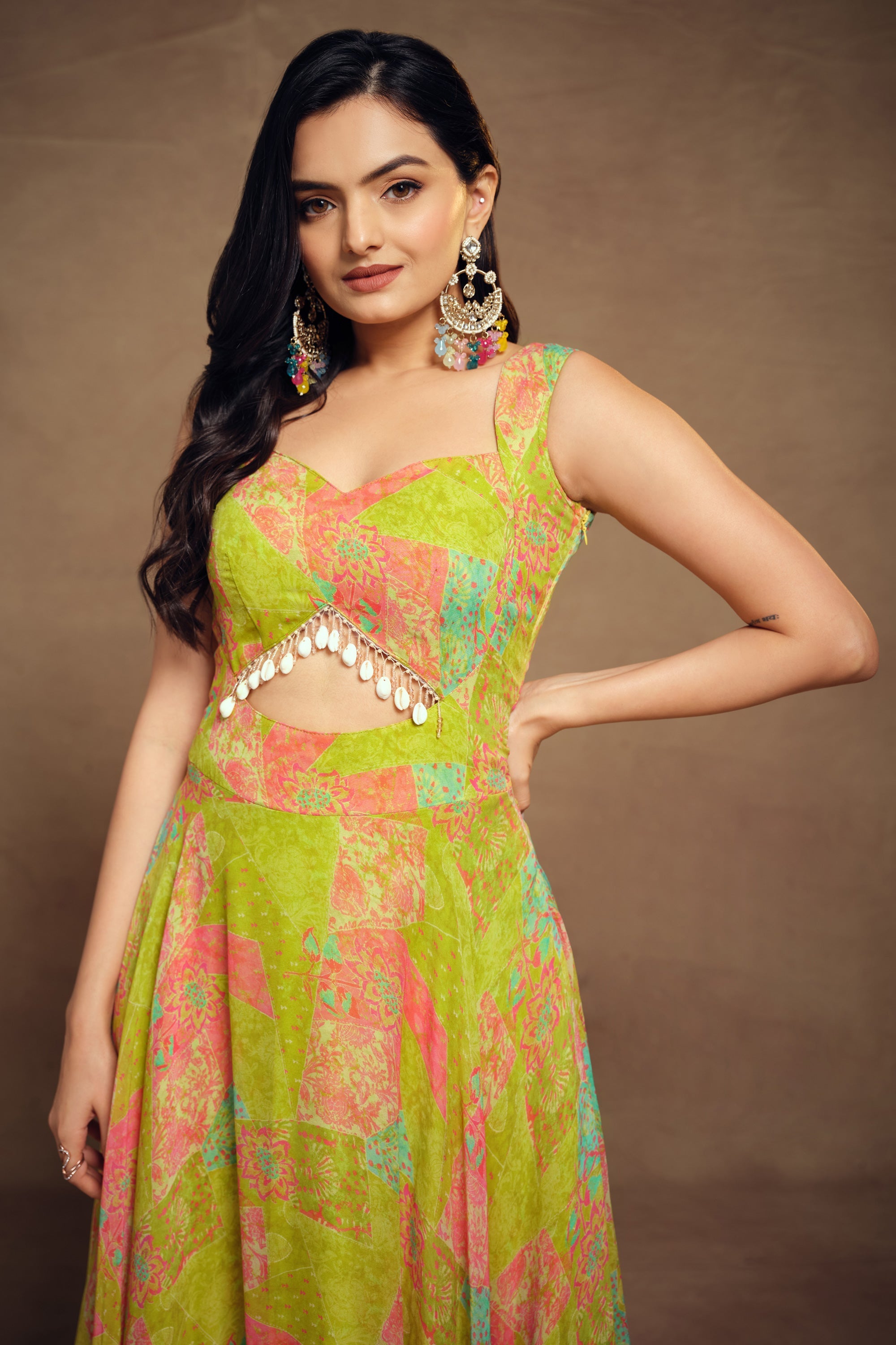 Engaging Green Color Georgette Fabric Readymade Gown With Printed Work