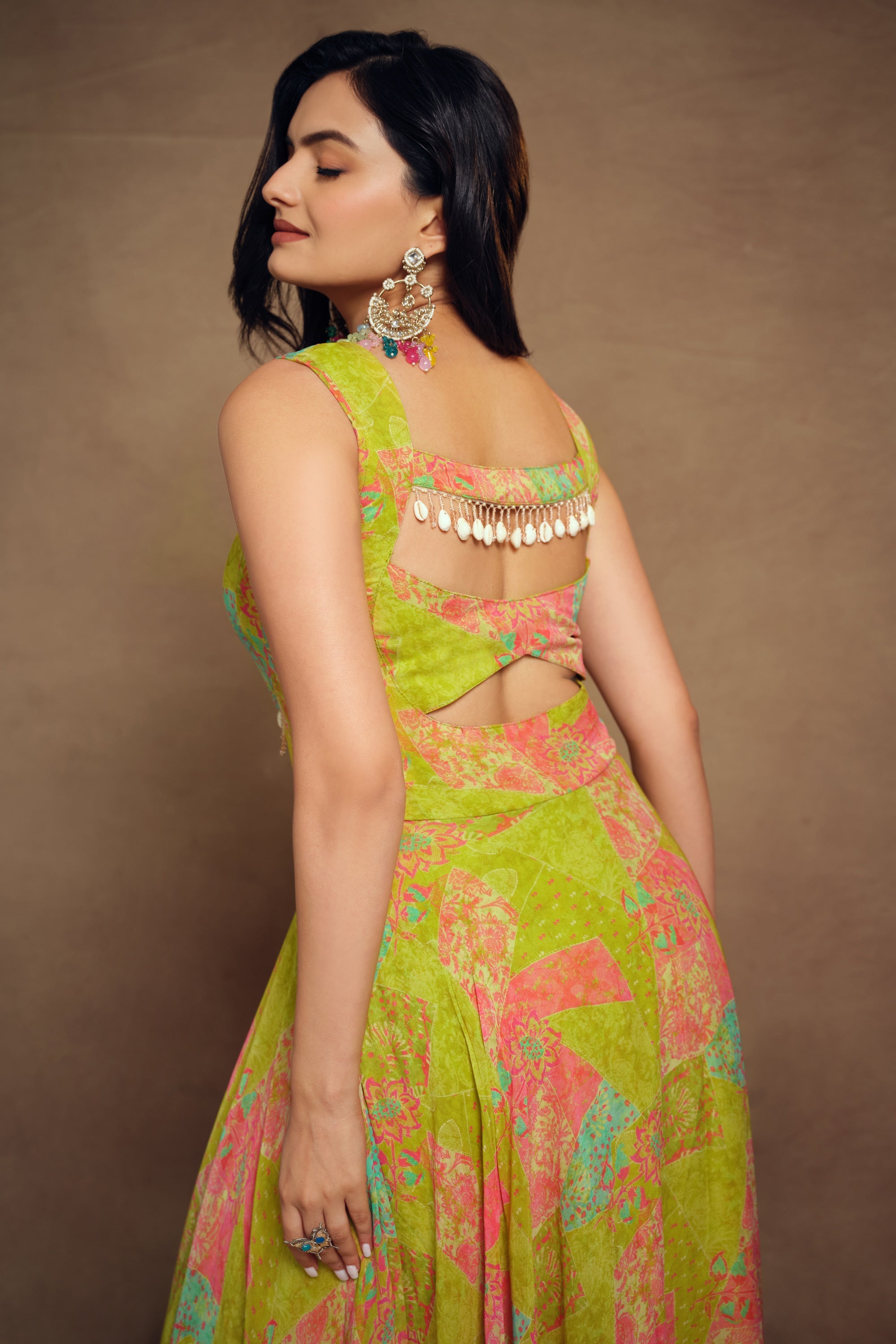 Engaging Green Color Georgette Fabric Readymade Gown With Printed Work