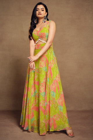 Engaging Green Color Georgette Fabric Readymade Gown With Printed Work