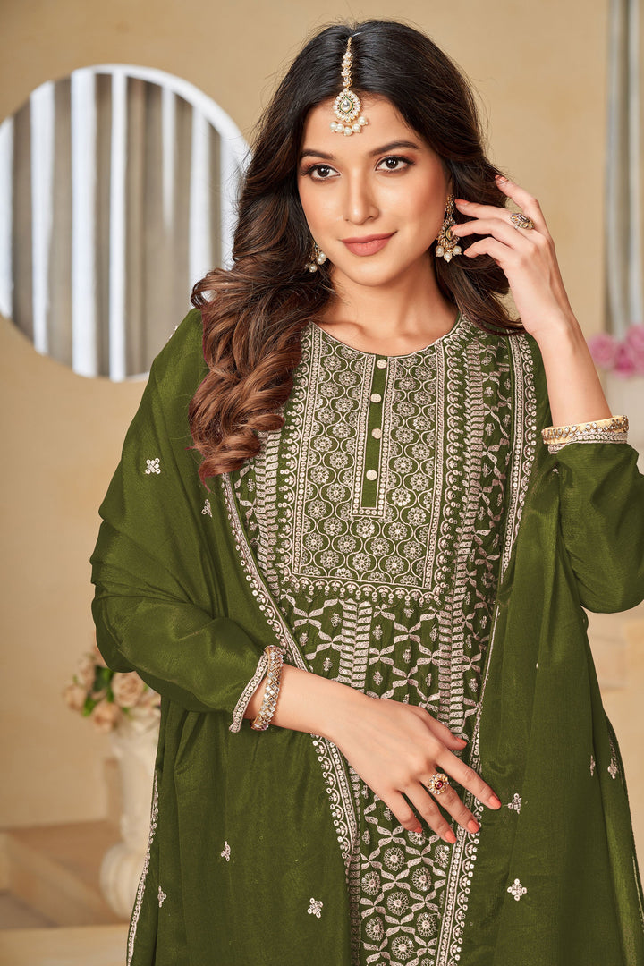 Green Color Fascinating Embroidered Chinon Fabric Palazzo Suit