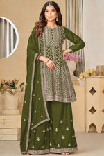 Load image into Gallery viewer, Green Color Fascinating Embroidered Chinon Fabric Palazzo Suit
