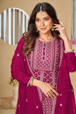 Load image into Gallery viewer, Fashionable Rani Color Embroidered Chinon Fabric Palazzo Suit
