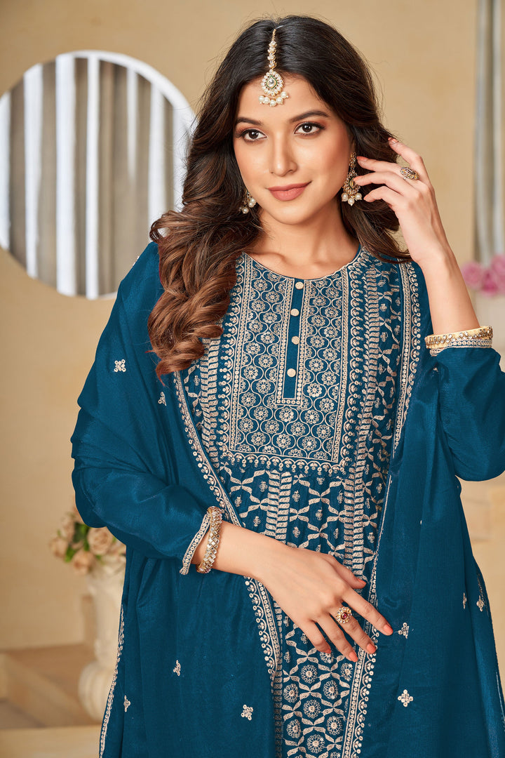 Glamorous Teal Color Embroidered Chinon Fabric Palazzo Suit