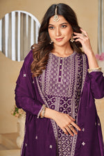 Load image into Gallery viewer, Purple Color Gorgeous Embroidered Chinon Fabric Palazzo Suit
