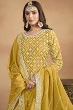 Load image into Gallery viewer, Phenomenal Sangeet Wear Yellow Color Chinon Fabric Sharara Top Lehenga

