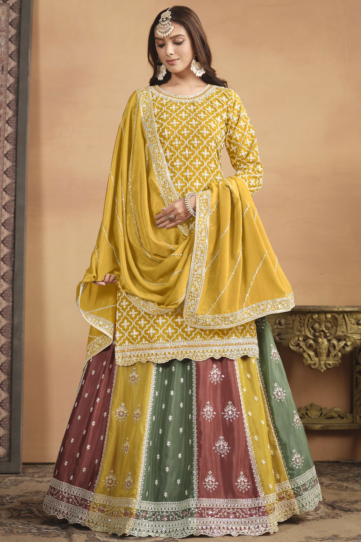 Phenomenal Sangeet Wear Yellow Color Chinon Fabric Sharara Top Lehenga