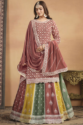 Fashionable Peach Color Sangeet Wear Chinon Fabric Sharara Top Lehenga