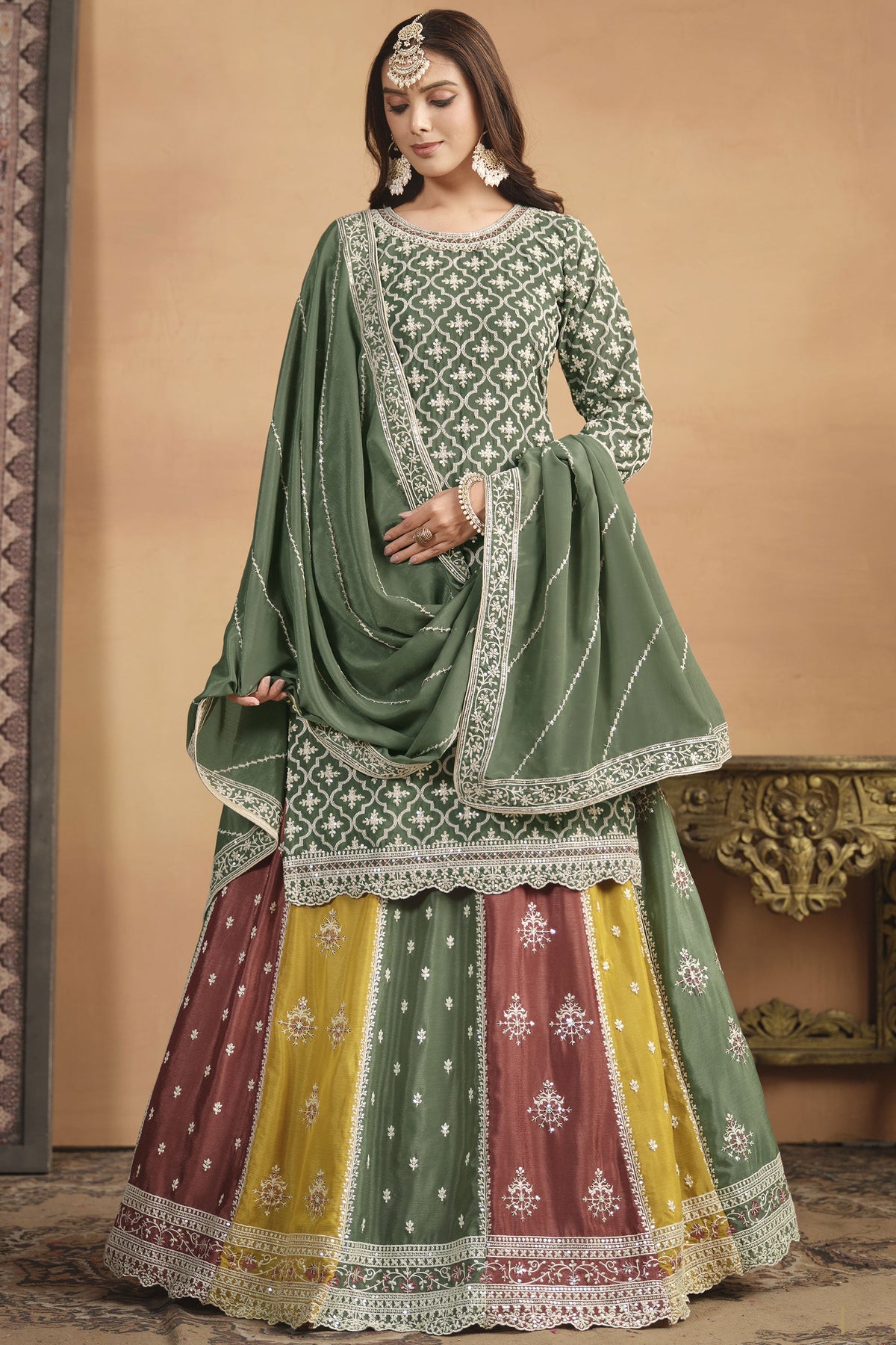 Glamorous Sea Green Color Sangeet Wear Chinon Fabric Sharara Top Lehenga