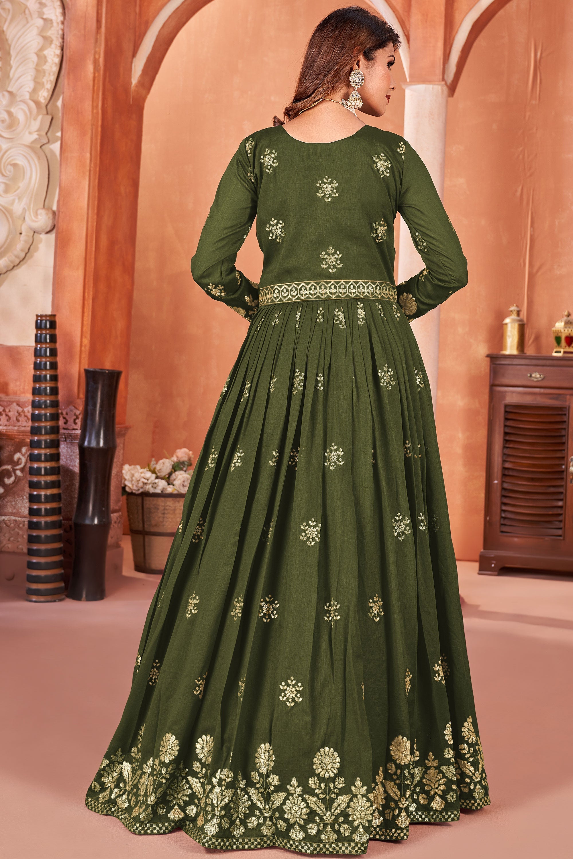 Elegant Mehendi Green Color Art Silk Anarkali Suit with Embroidered Work For Function