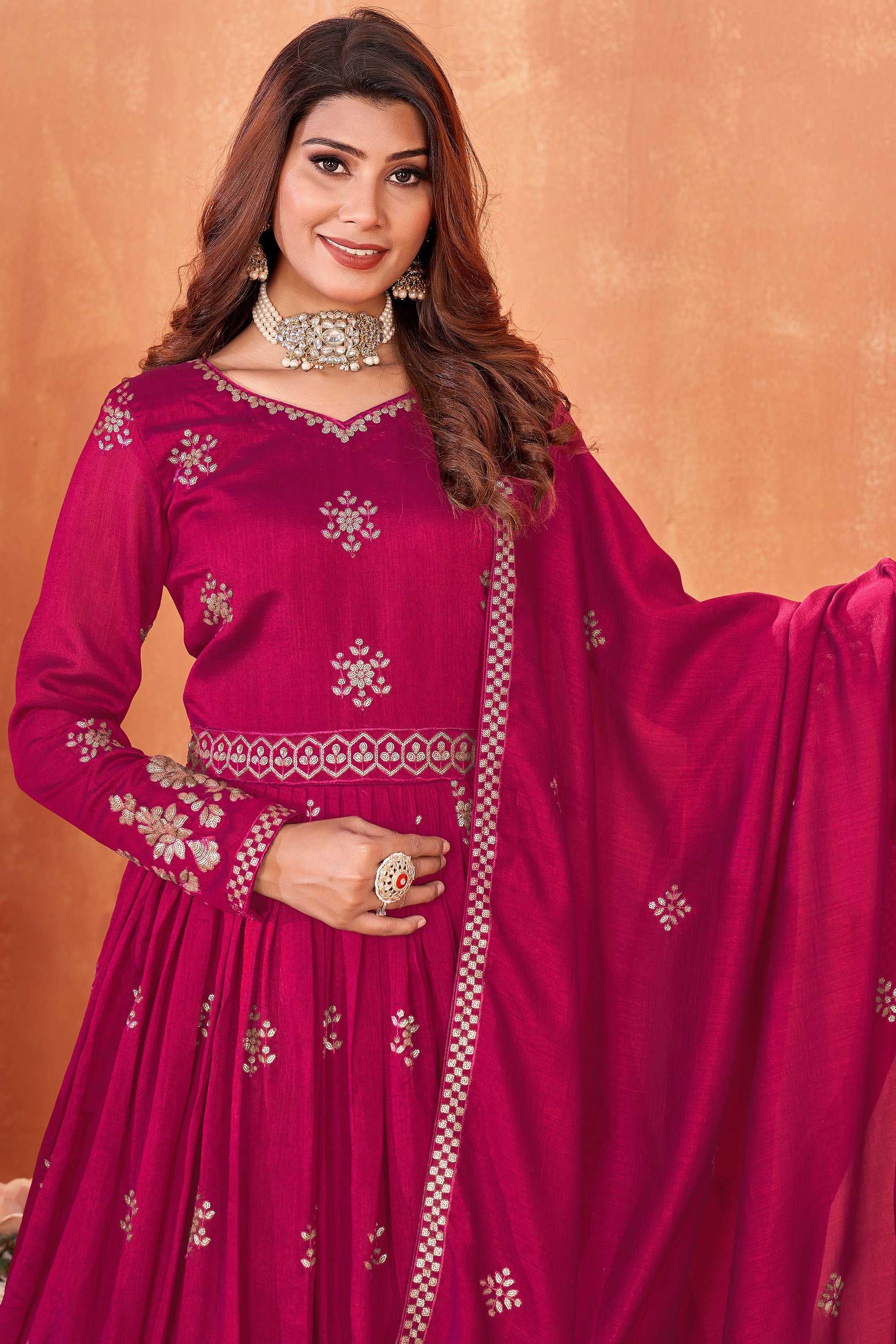 Glamorous Embroidered Work Rani Color Anarkali Suit For Function