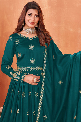 Function Special Teal Color Art Silk Anarkali Suit with Embroidered Work