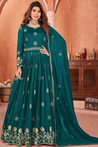 Function Special Teal Color Art Silk Anarkali Suit with Embroidered Work