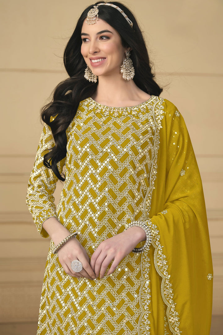 Tempting Georgette Fabric Mustard Color Festival Wear Palazzo Suit