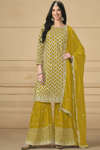 Tempting Georgette Fabric Mustard Color Festival Wear Palazzo Suit