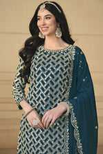 Load image into Gallery viewer, Classic Teal Color Festival Wear Palazzo Suit In Georgette Fabric
