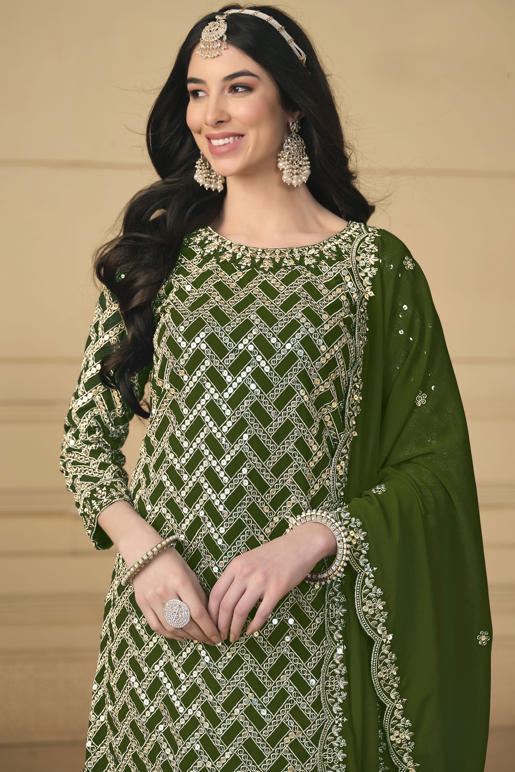 Georgette Fabric Green Color Festival Wear Winsome Palazzo Suit