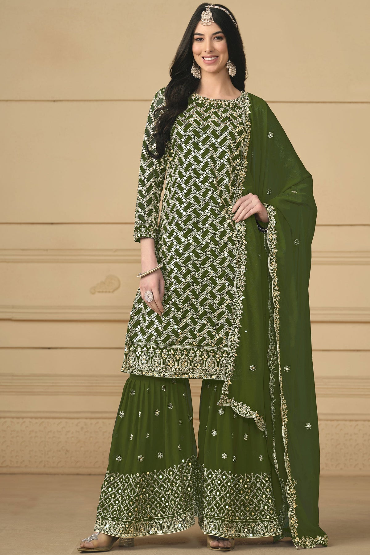 Georgette Fabric Green Color Festival Wear Winsome Palazzo Suit