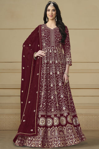 Blazing Maroon Color Function Wear Georgette Anarkali Suit