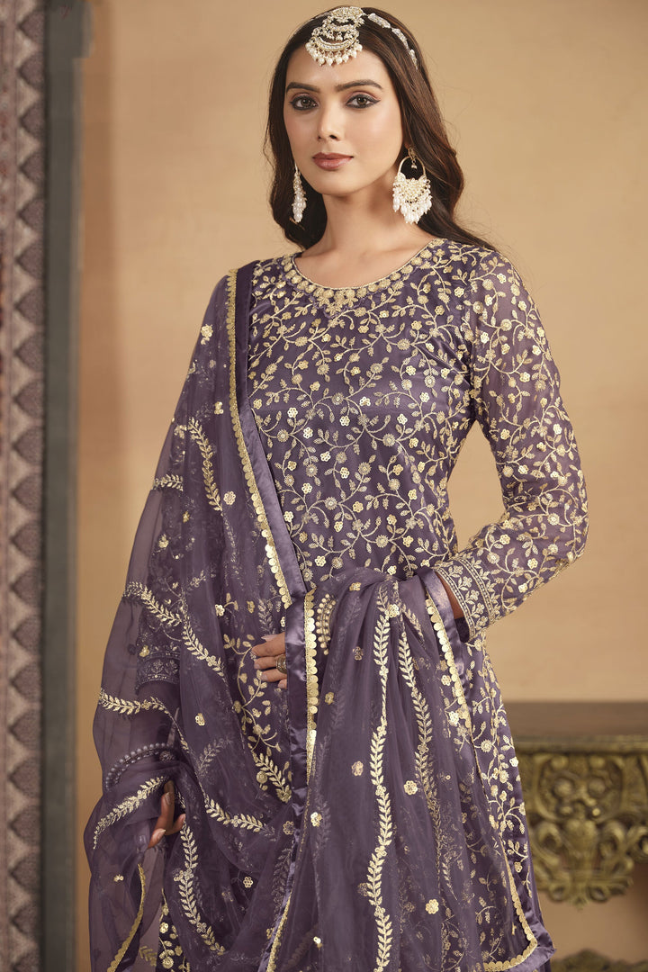 Festival Wear Purple Color Aristocratic Net Fabric Palazzo Suit