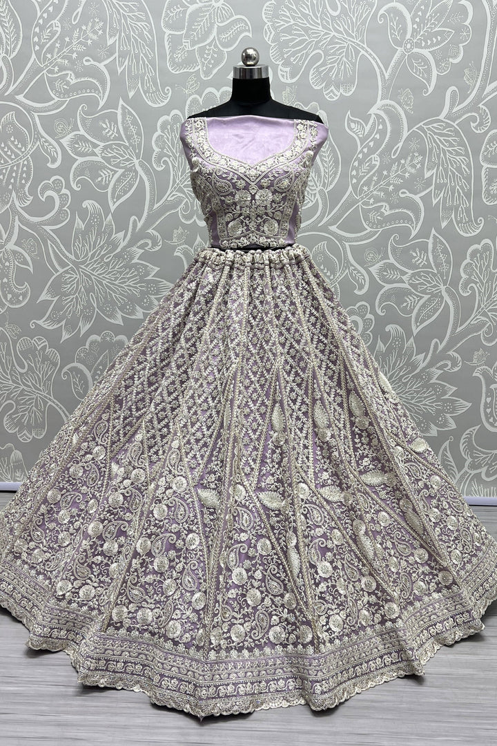 Lavender Color Sangeet Wear Wear Captivating Lehenga In Net Fabric