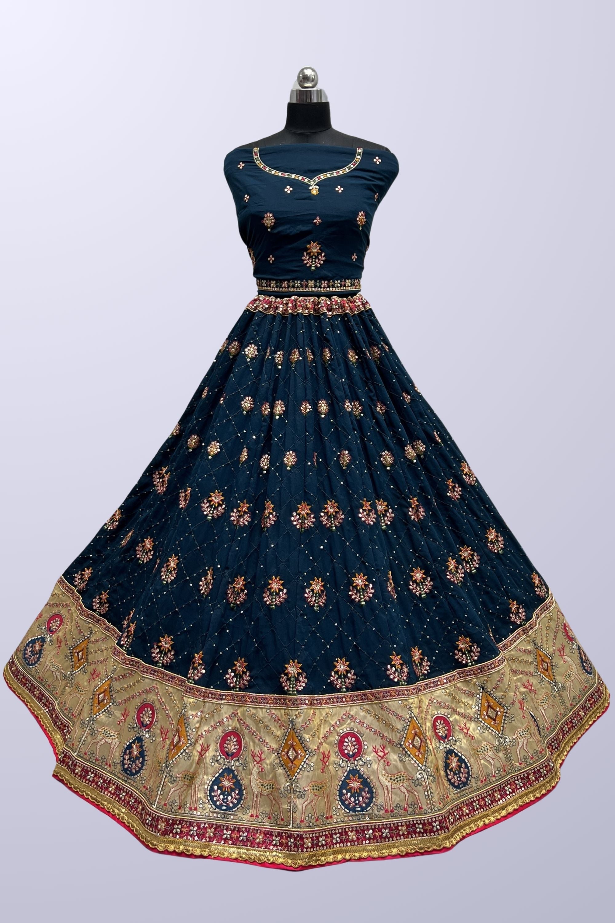 Silk Fabric Blue Color Beatific Sequins Designs Lehenga