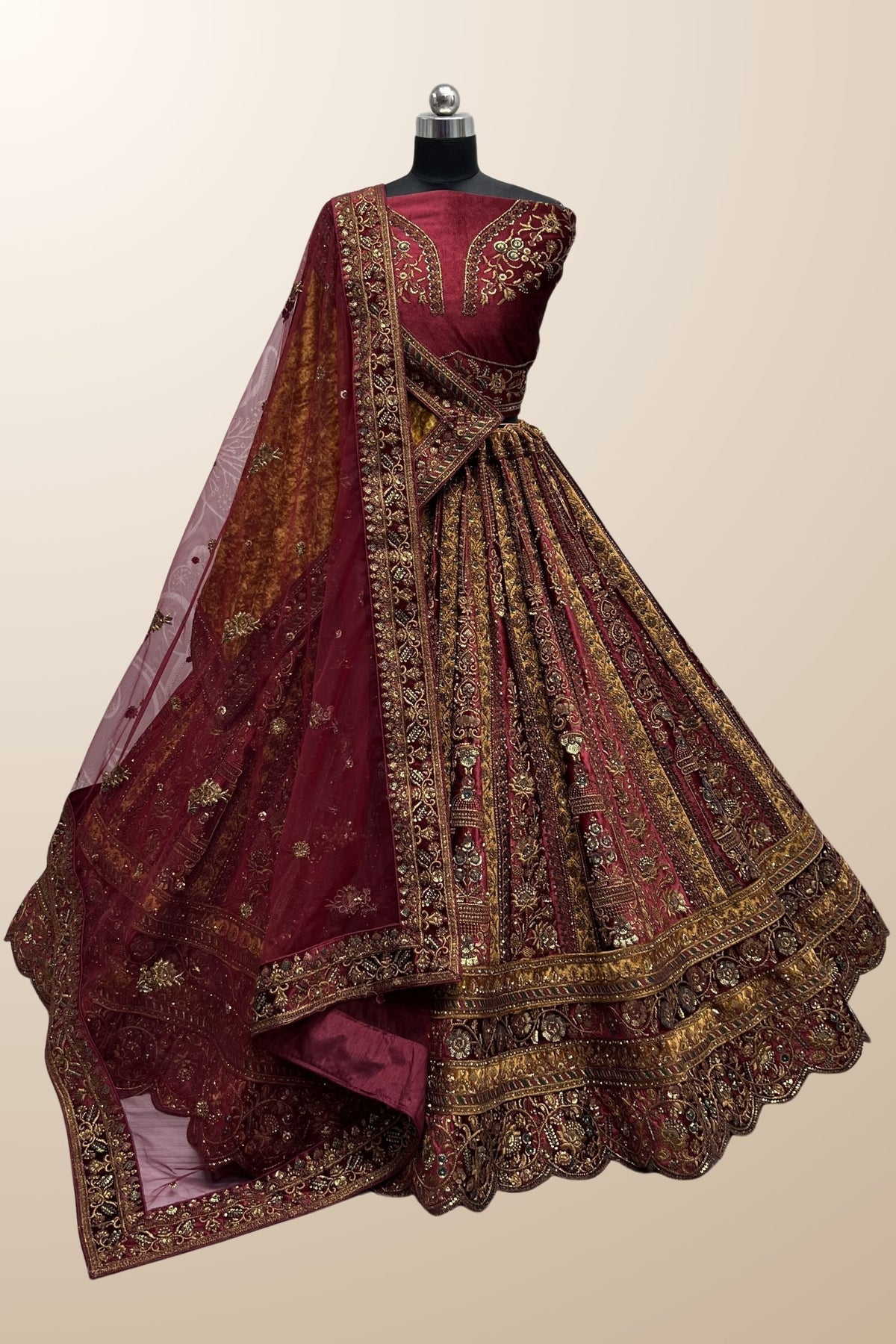 Maroon Color Velvet Fabric Charismatic Lehenga With Double Dupatta