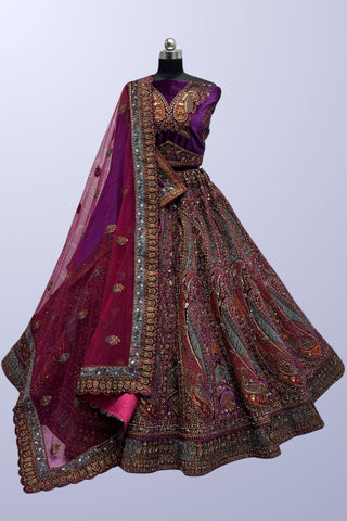 Velvet Fabric Wondrous Lehenga With Double Dupatta In Purple Color