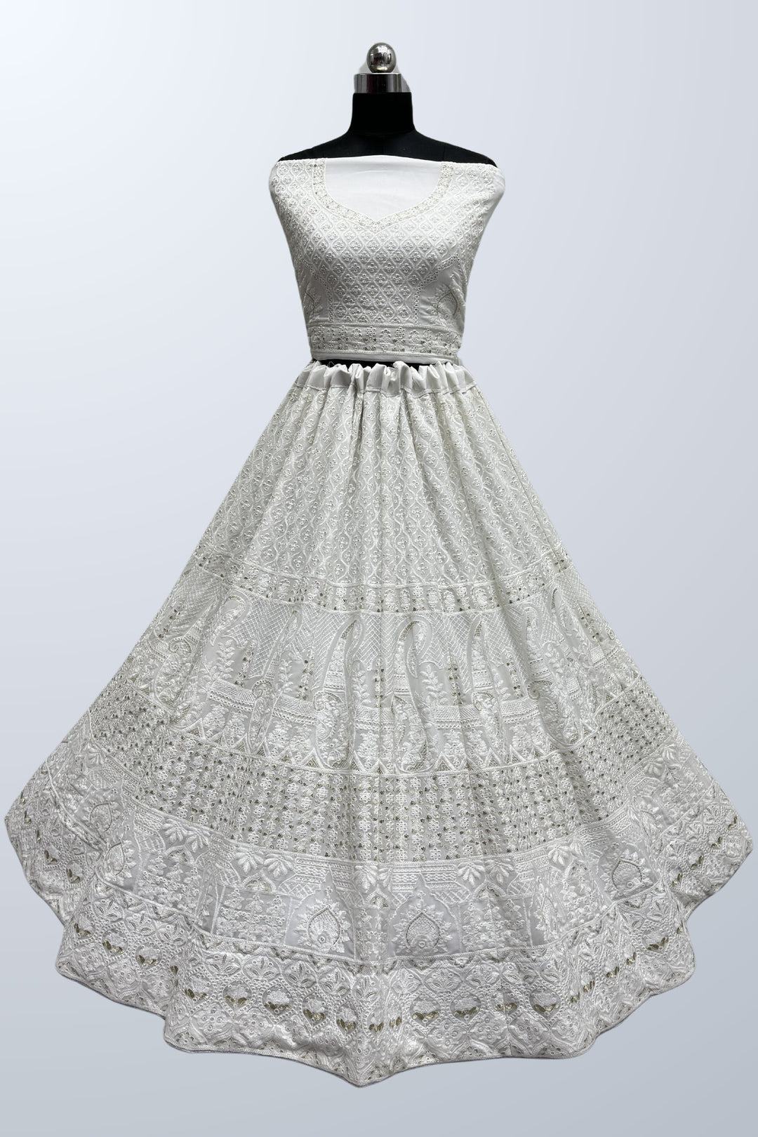 White Color Georgette Fabric Lakhanavi Embroidered Lehenga For Function