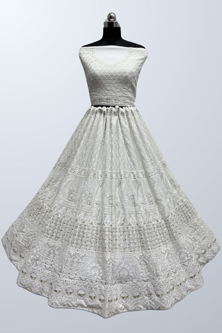 White Color Georgette Fabric Lakhanavi Embroidered Lehenga For Function