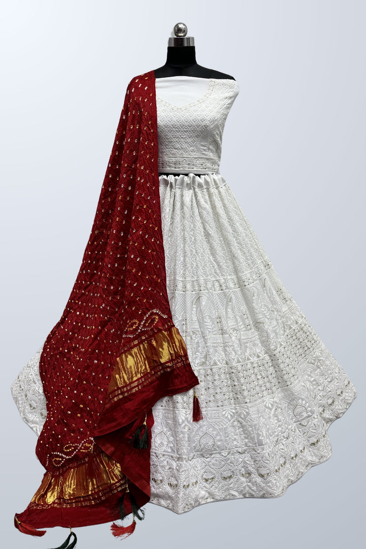 White Color Georgette Fabric Lakhanavi Embroidered Lehenga For Function