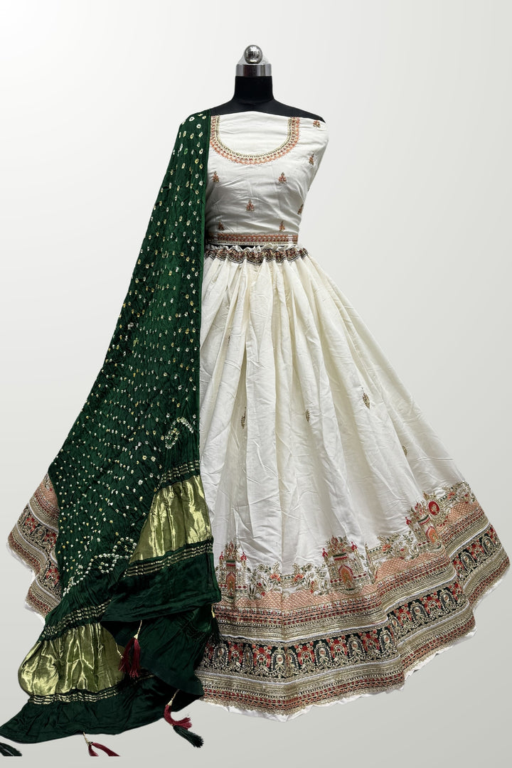 White Color Art Silk Fabric Lakhanavi Embroidered Lehenga For Function