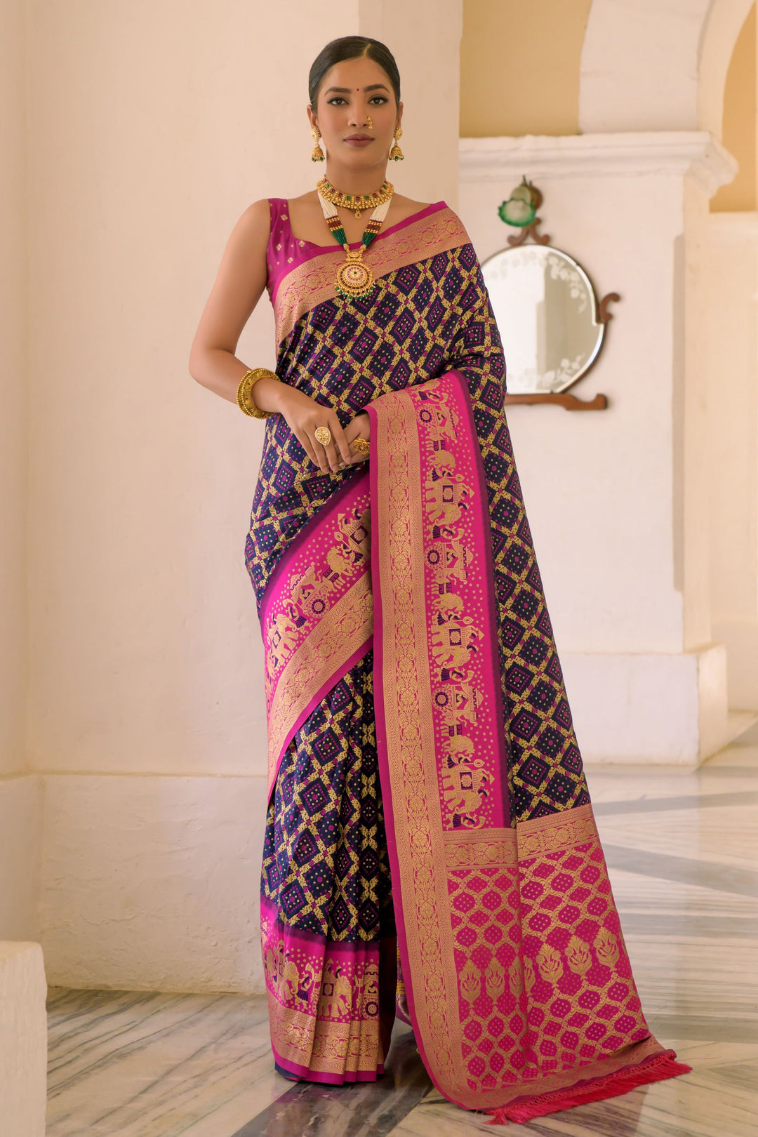 Delightful Navy Blue Color Weaving Work Banarasi Silk Function Wear Saree | Buy Online India