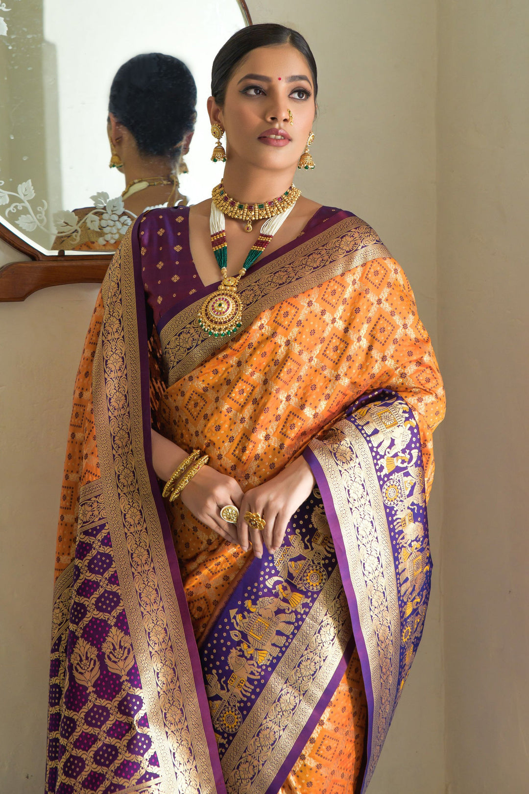 Traditional Banarasi Silk Weaving Work Orange Color Saree | Buy Online India