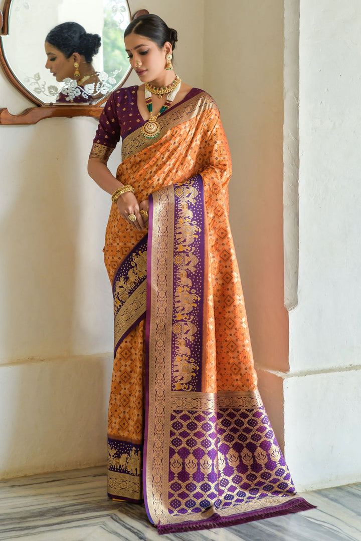 Traditional Banarasi Silk Weaving Work Orange Color Saree | Buy Online India