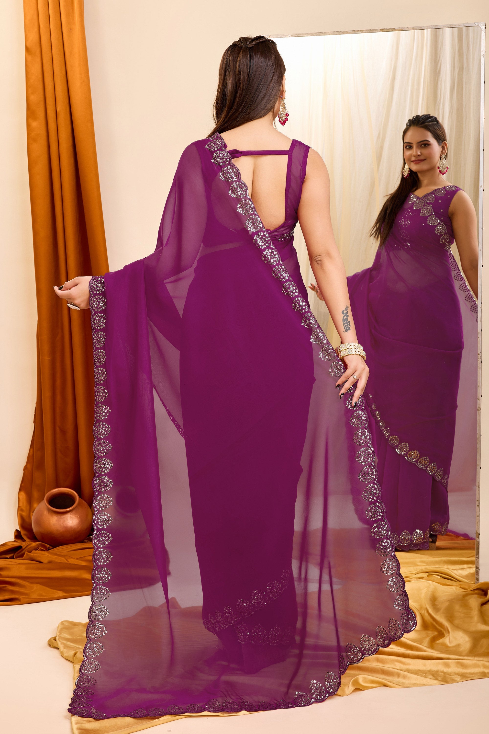 Blazing Wine Color Sequins Work Casual Wear Georgette Saree