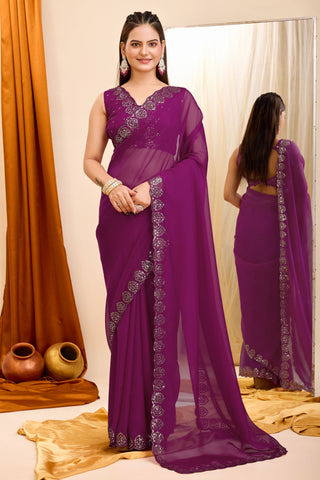 Blazing Wine Color Sequins Work Casual Wear Georgette Saree