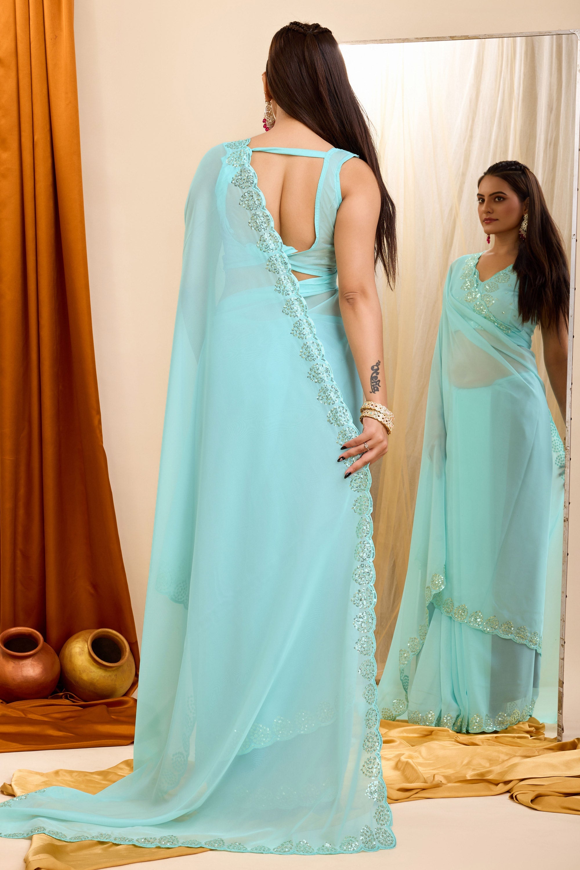 Sky Blue Color Sequins Work Glamorous Casual Wear Georgette Saree