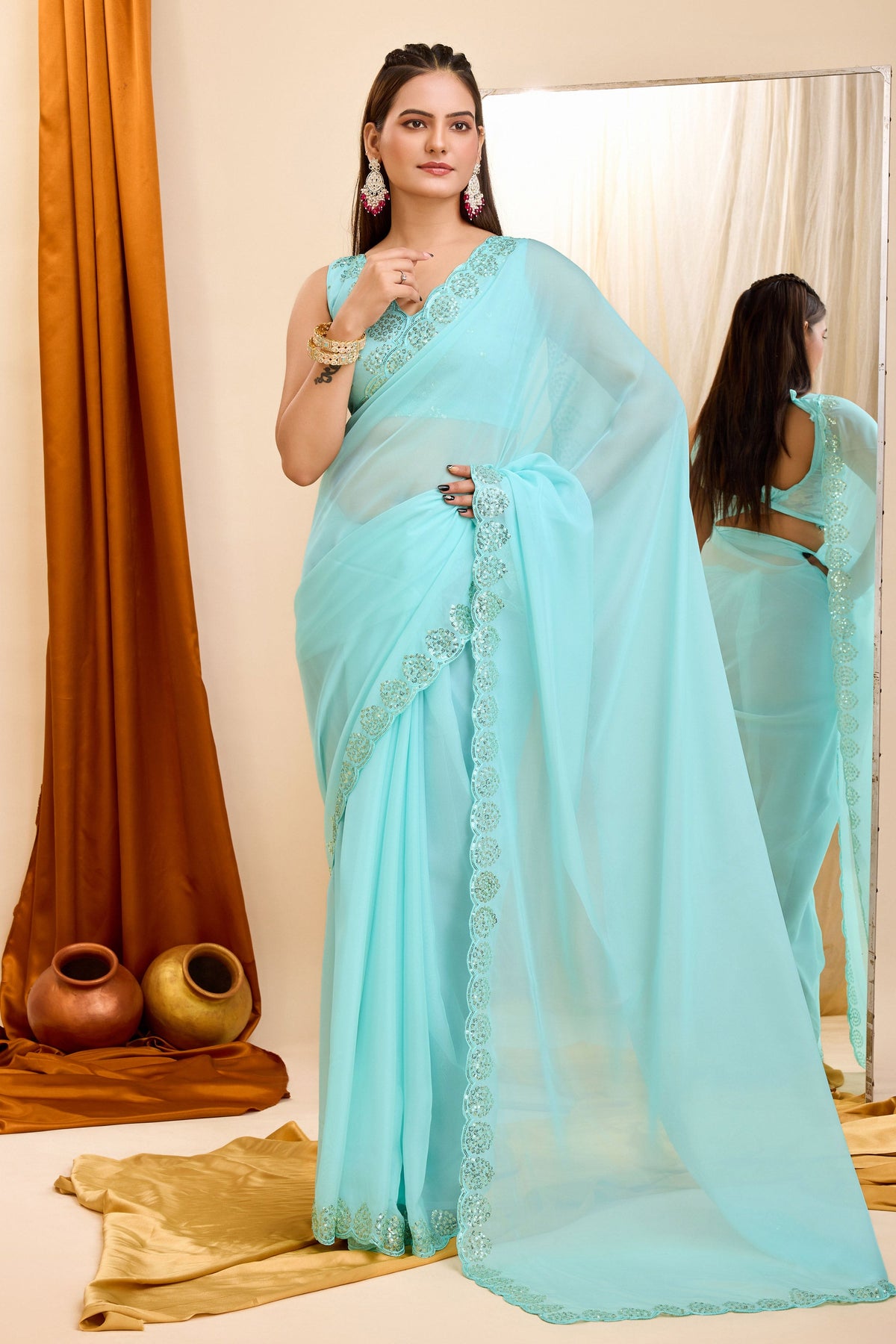 Sky Blue Color Sequins Work Glamorous Casual Wear Georgette Saree