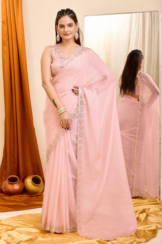 Peach Color Exquisite Sequins Work Casual Wear Georgette Saree