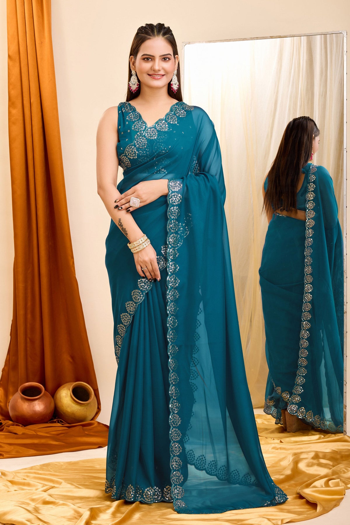 Sequins Work Attractive Casual Wear Georgette Saree In Teal Color