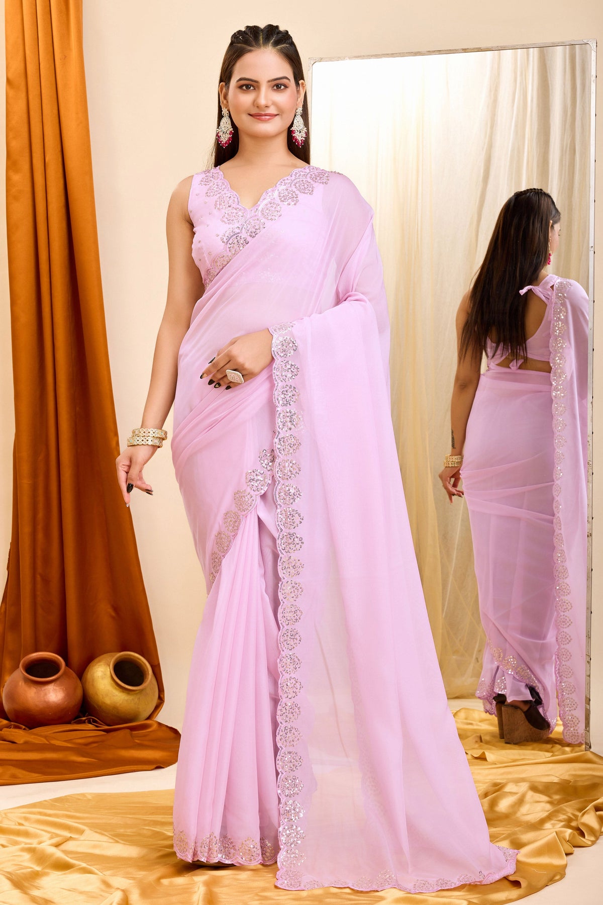 Alluring Pink Color Sequins Work Casual Wear Georgette Saree