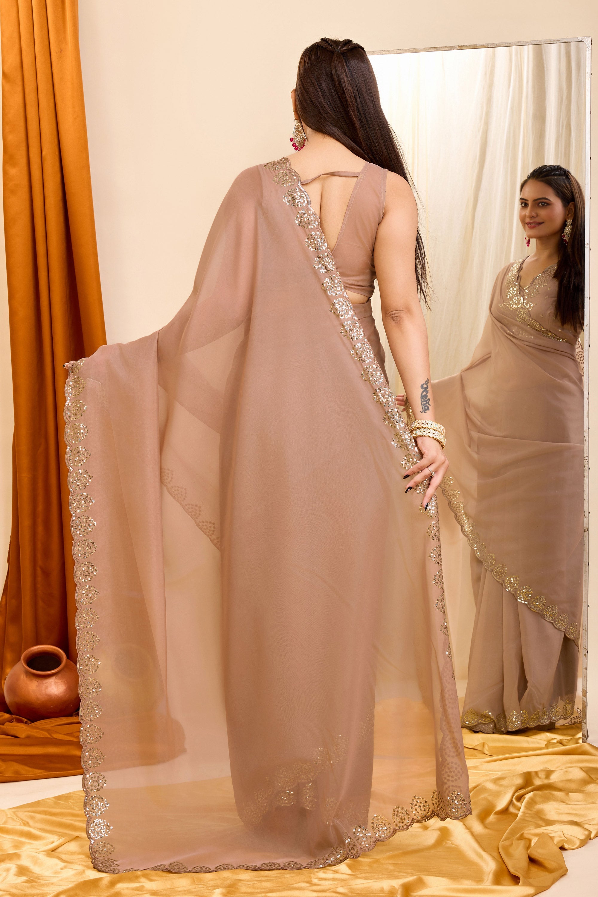 Brown Color Sequins Work Graceful Casual Wear Georgette Saree