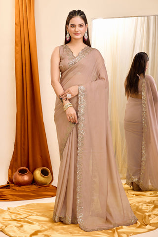 Brown Color Sequins Work Graceful Casual Wear Georgette Saree